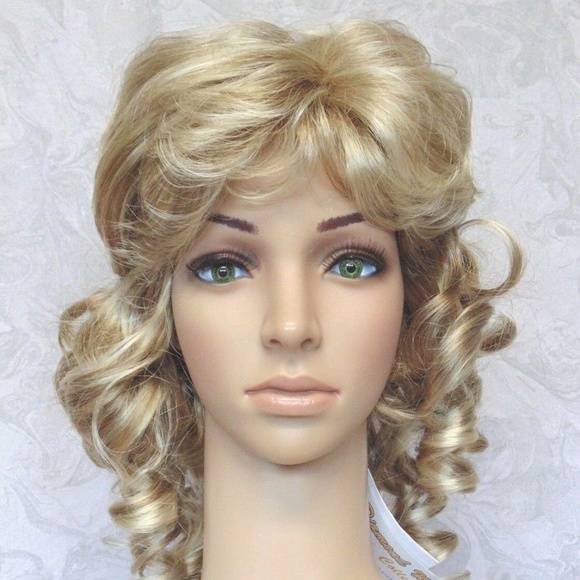 Medium Soft Silky Curly Blonde Full Synthetic Wig